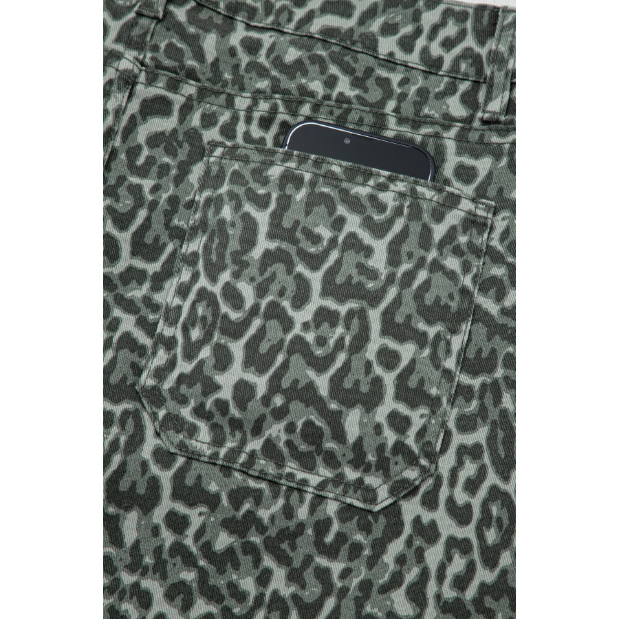 Gray Leopard Frayed Edge Wide Leg High Waist Jeans Bottoms/Jeans