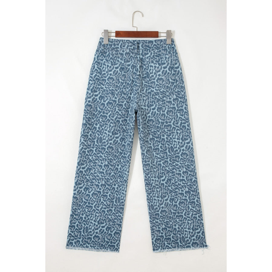 Gray Leopard Frayed Edge Wide Leg High Waist Jeans Bottoms/Jeans