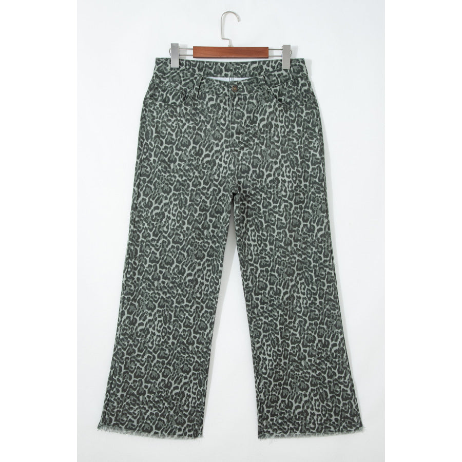 Gray Leopard Frayed Edge Wide Leg High Waist Jeans Bottoms/Jeans