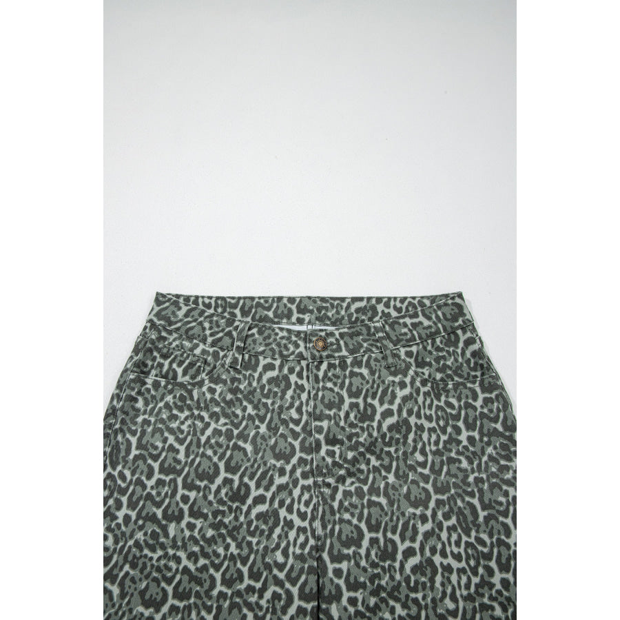 Gray Leopard Frayed Edge Wide Leg High Waist Jeans Bottoms/Jeans