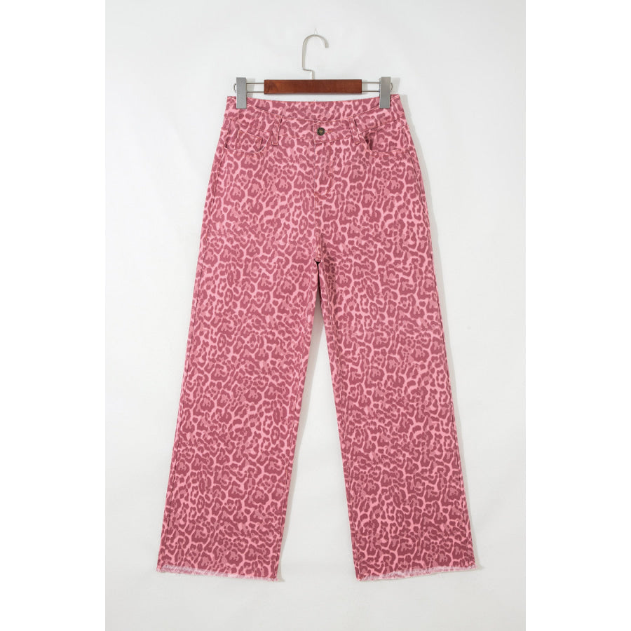 Gray Leopard Frayed Edge Wide Leg High Waist Jeans Bottoms/Jeans