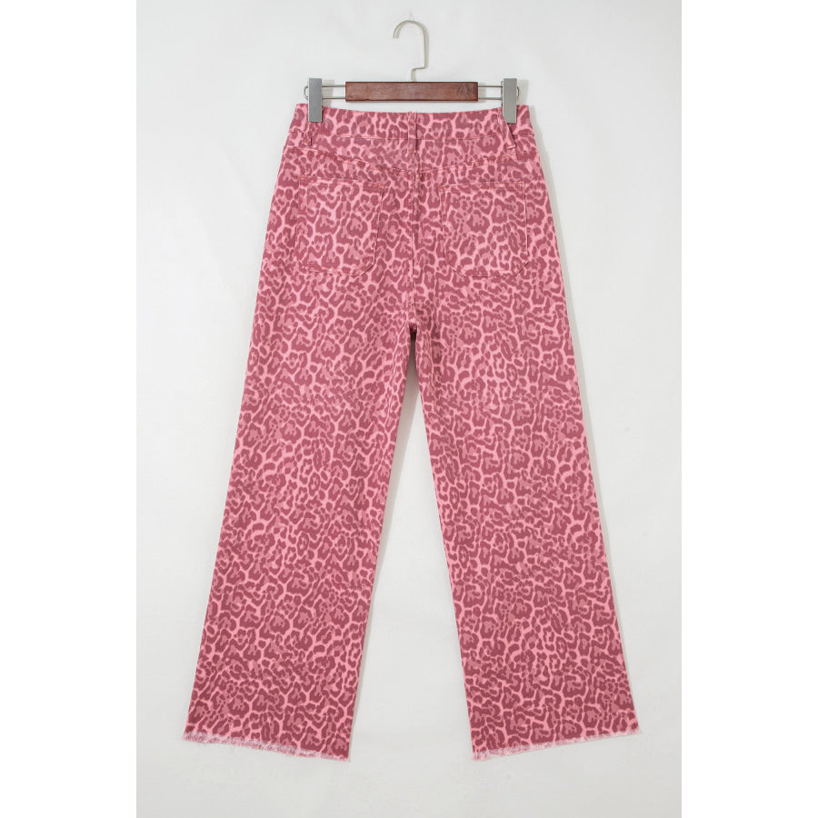 Gray Leopard Frayed Edge Wide Leg High Waist Jeans Bottoms/Jeans
