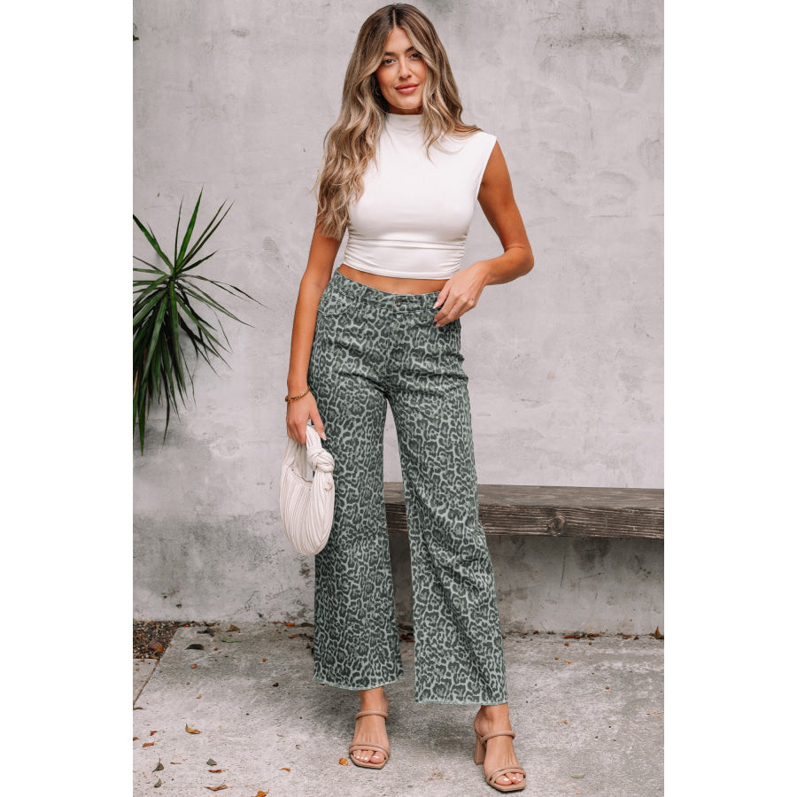 Gray Leopard Frayed Edge Wide Leg High Waist Jeans Bottoms/Jeans
