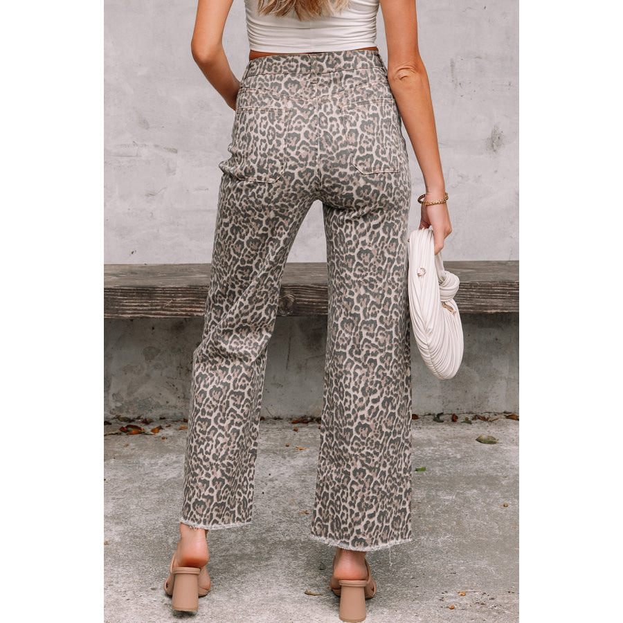 Gray Leopard Frayed Edge Wide Leg High Waist Jeans Brown / 4 / 65% Cotton + 33% Polyester + 2% Elastane Bottoms/Jeans