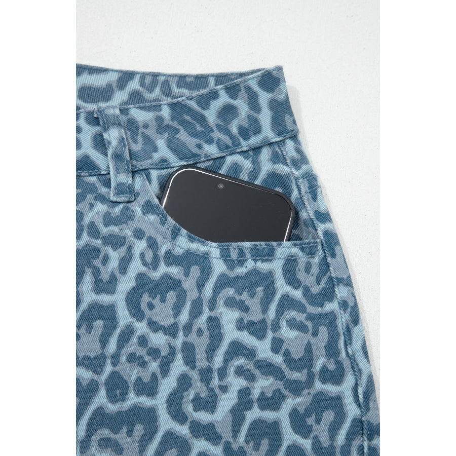 Gray Leopard Frayed Edge Wide Leg High Waist Jeans Bottoms/Jeans