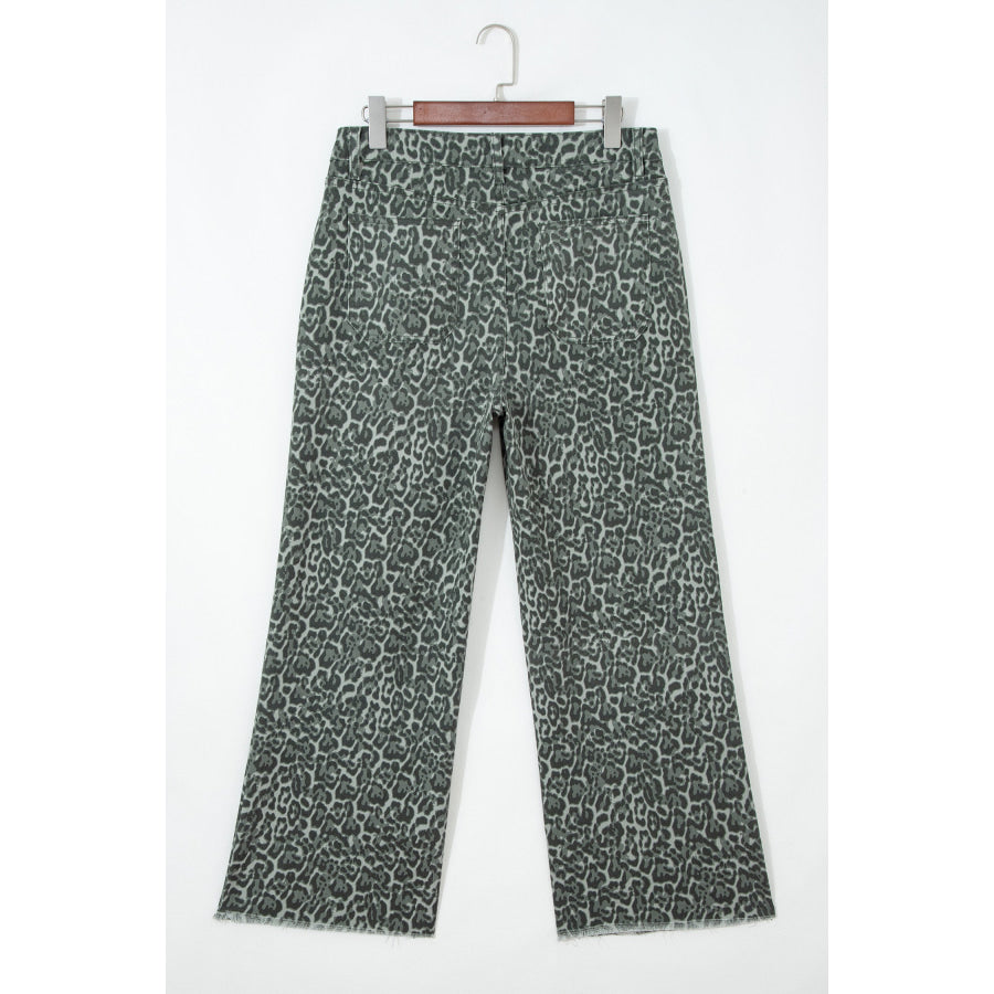 Gray Leopard Frayed Edge Wide Leg High Waist Jeans Bottoms/Jeans