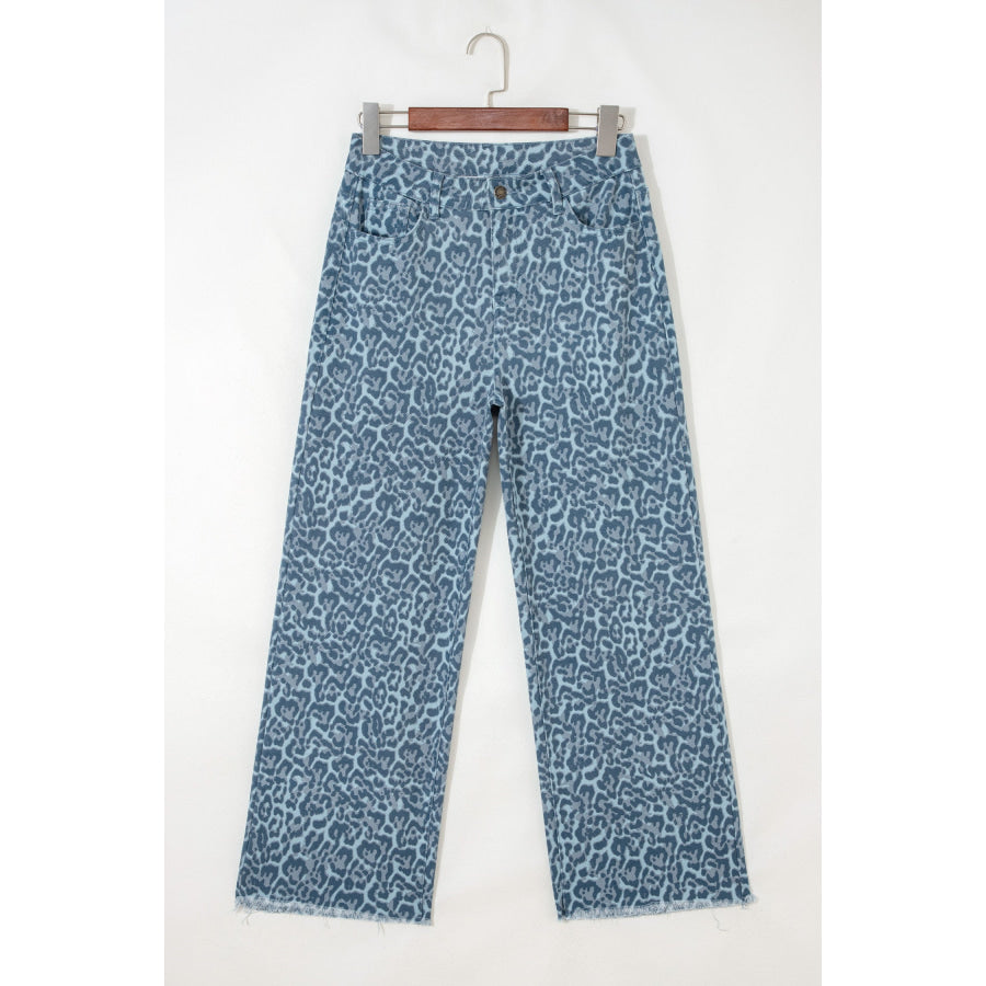 Gray Leopard Frayed Edge Wide Leg High Waist Jeans Bottoms/Jeans