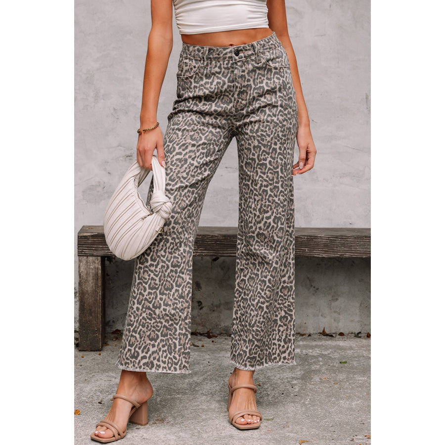 Gray Leopard Frayed Edge Wide Leg High Waist Jeans Brown / 4 / 65% Cotton + 33% Polyester + 2% Elastane Bottoms/Jeans