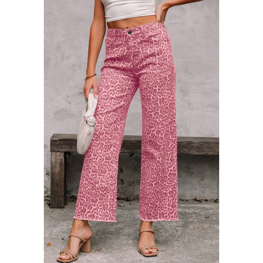 Gray Leopard Frayed Edge Wide Leg High Waist Jeans Rose / 4 / 65% Cotton + 33% Polyester + 2% Elastane Bottoms/Jeans
