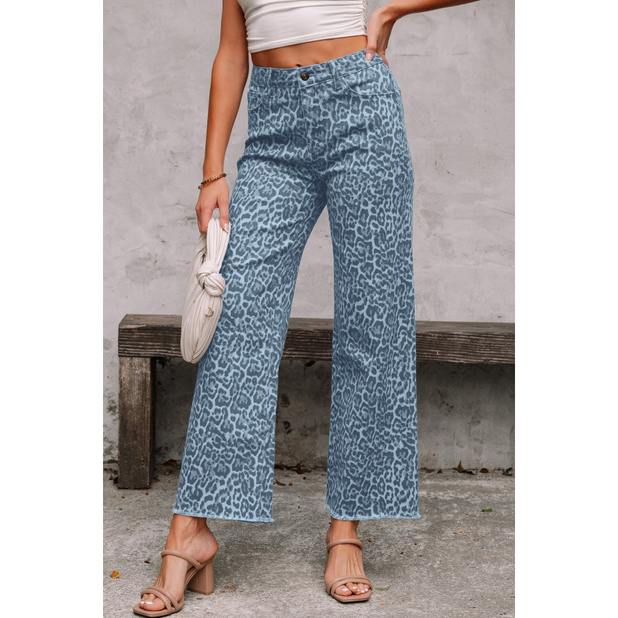 Gray Leopard Frayed Edge Wide Leg High Waist Jeans Sky Blue / 4 / 65% Cotton + 33% Polyester + 2% Elastane Bottoms/Jeans