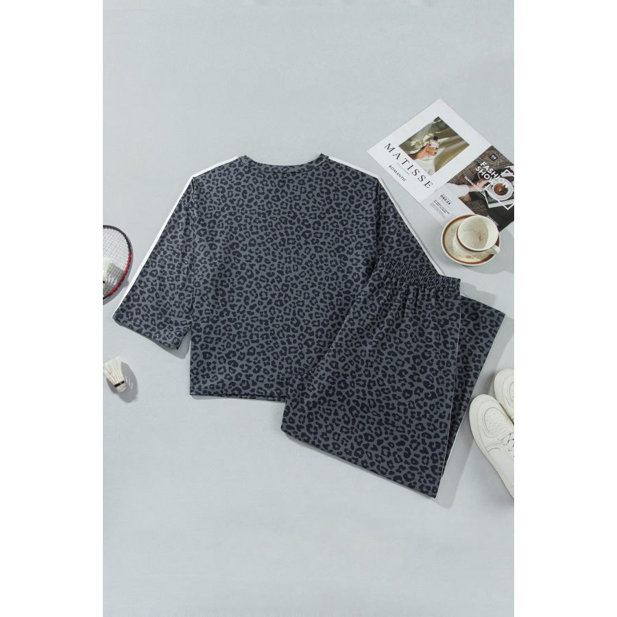 Gray Leopard Print Bracelet Sleeve Top Plus Size Loose Pants Set Size/Plus Loungewear