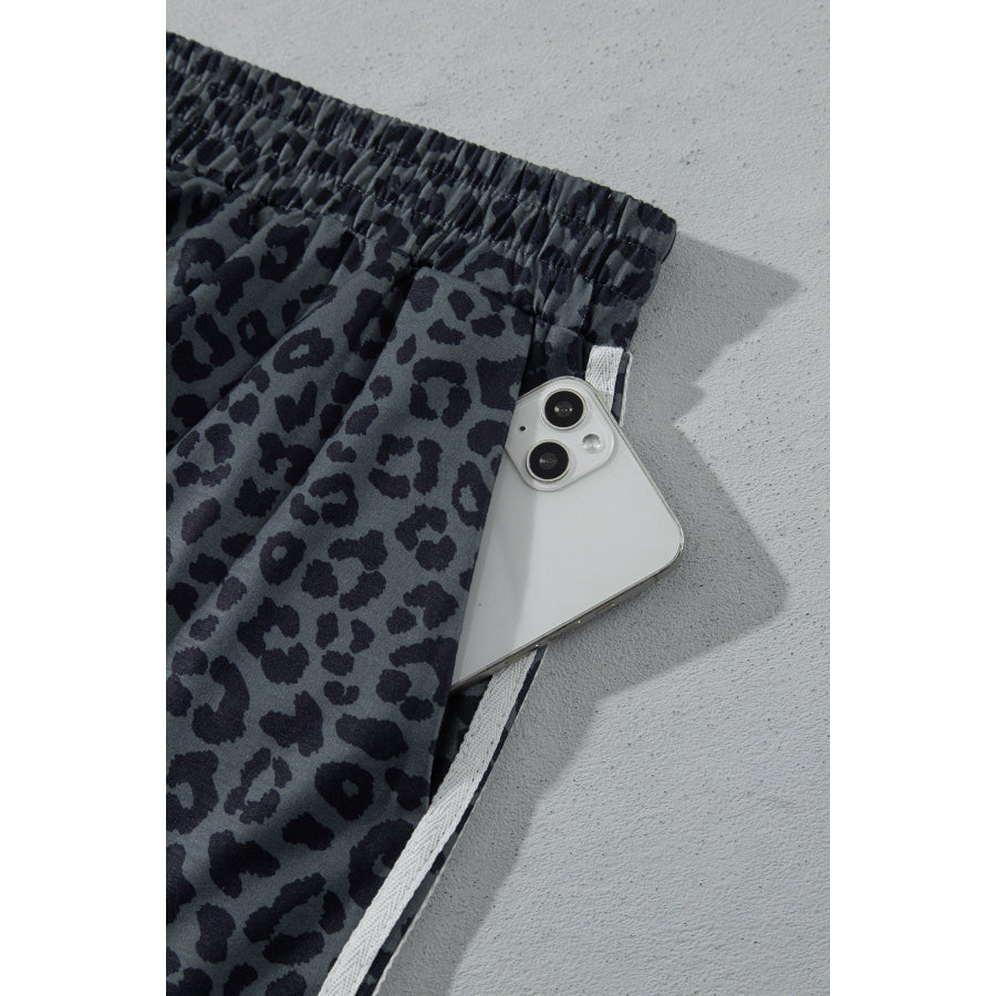 Gray Leopard Print Bracelet Sleeve Top Plus Size Loose Pants Set Size/Plus Loungewear