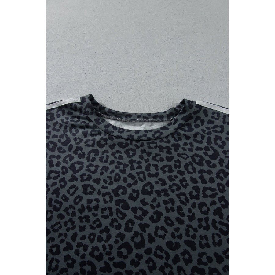 Gray Leopard Print Bracelet Sleeve Top Plus Size Loose Pants Set Size/Plus Loungewear