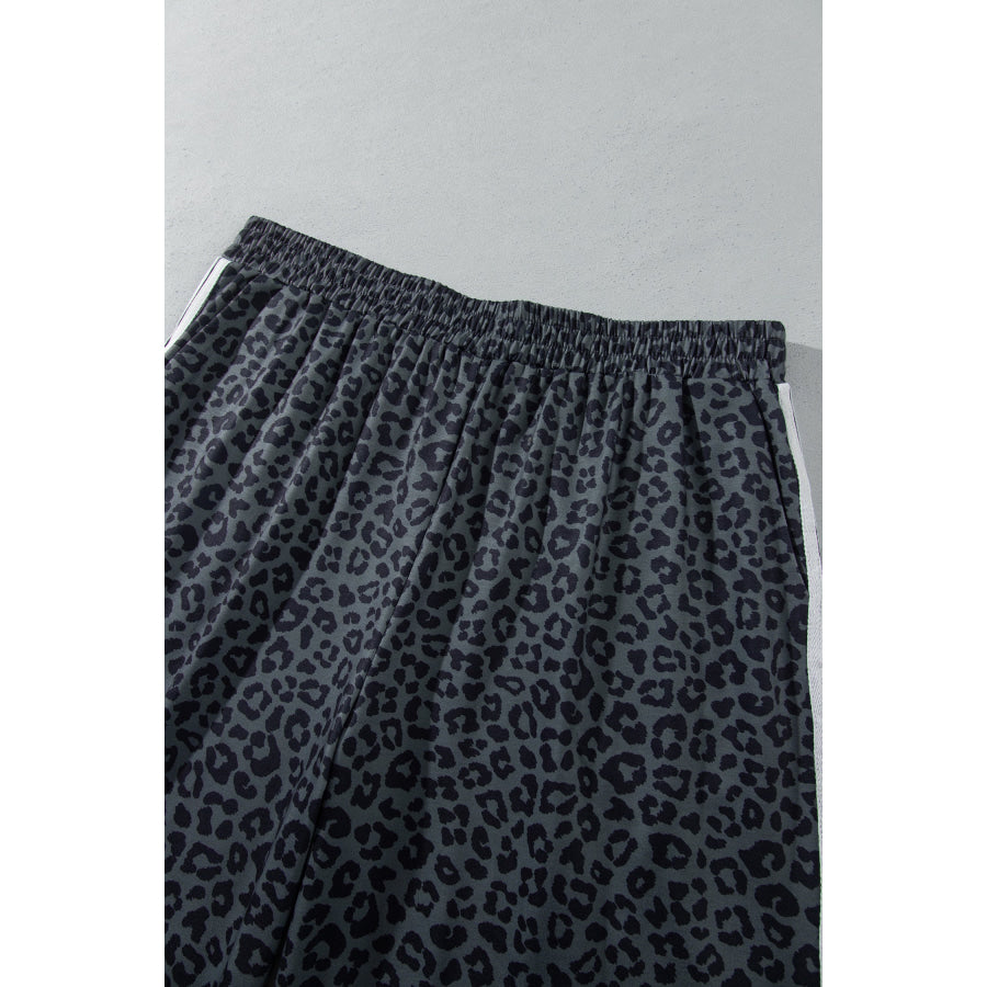 Gray Leopard Print Bracelet Sleeve Top Plus Size Loose Pants Set Size/Plus Loungewear