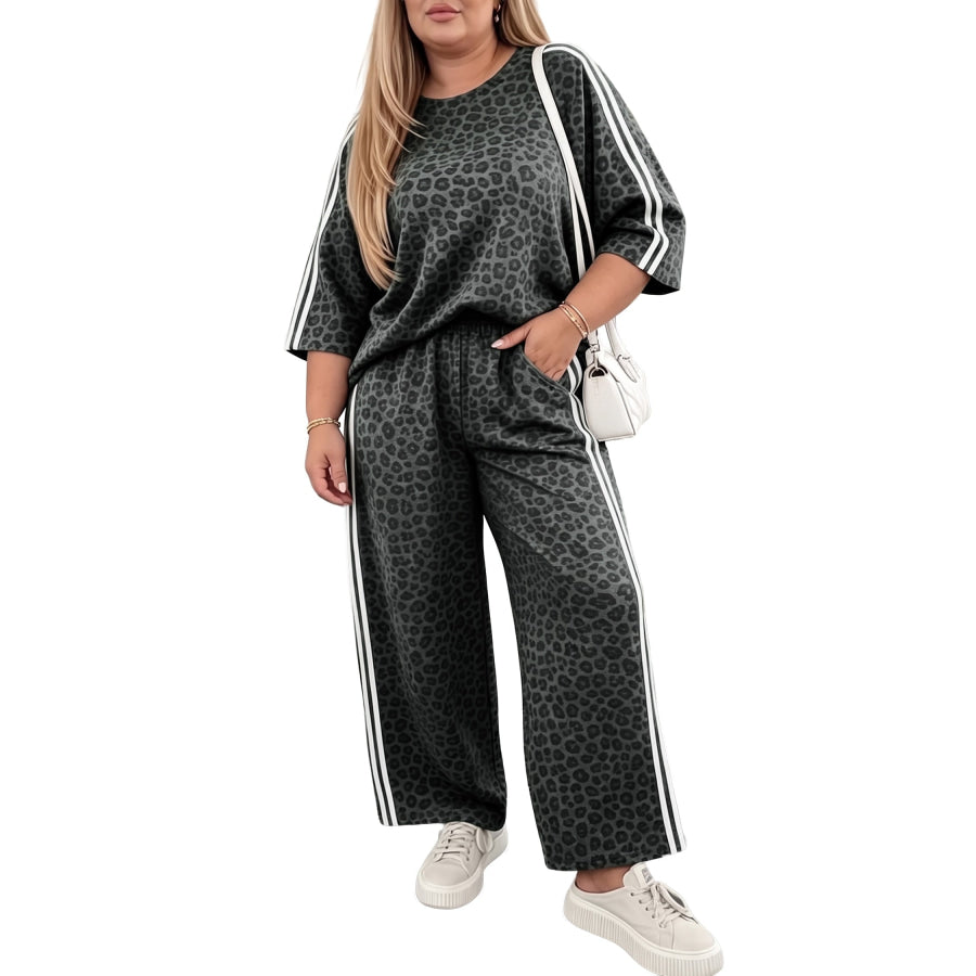Gray Leopard Print Bracelet Sleeve Top Plus Size Loose Pants Set Size/Plus Loungewear