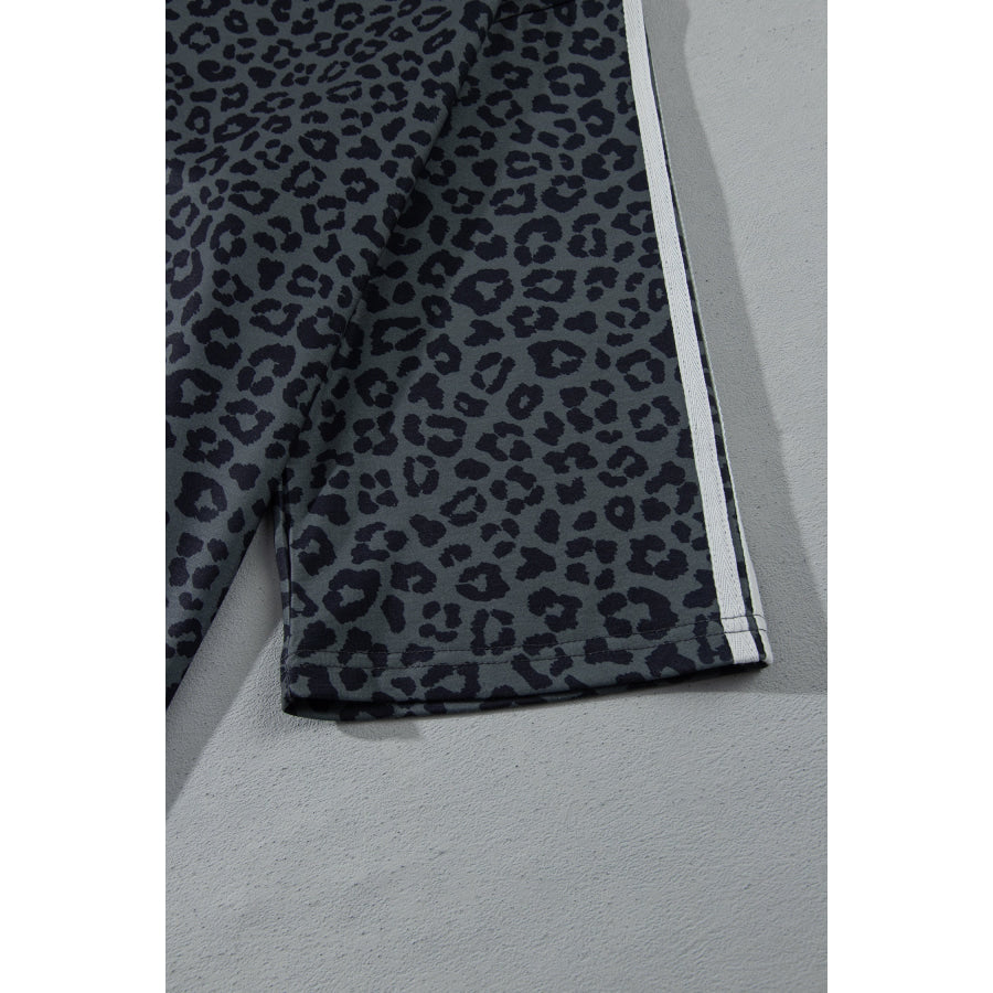 Gray Leopard Print Bracelet Sleeve Top Plus Size Loose Pants Set Size/Plus Loungewear