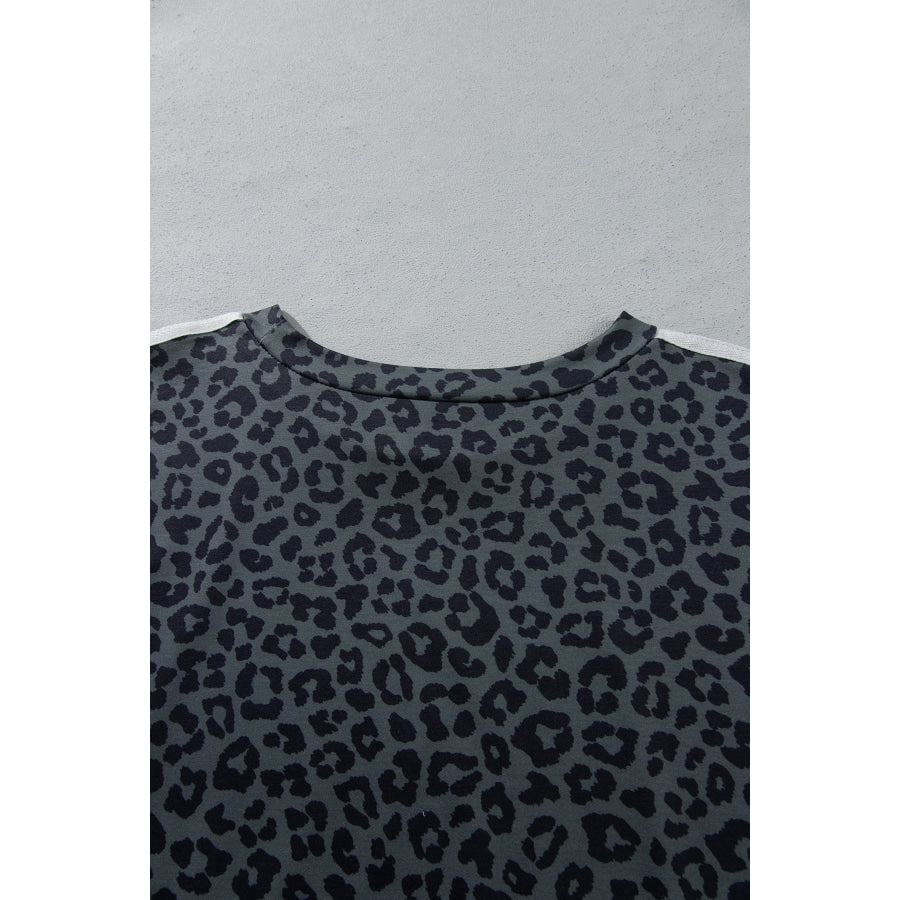 Gray Leopard Print Bracelet Sleeve Top Plus Size Loose Pants Set Size/Plus Loungewear
