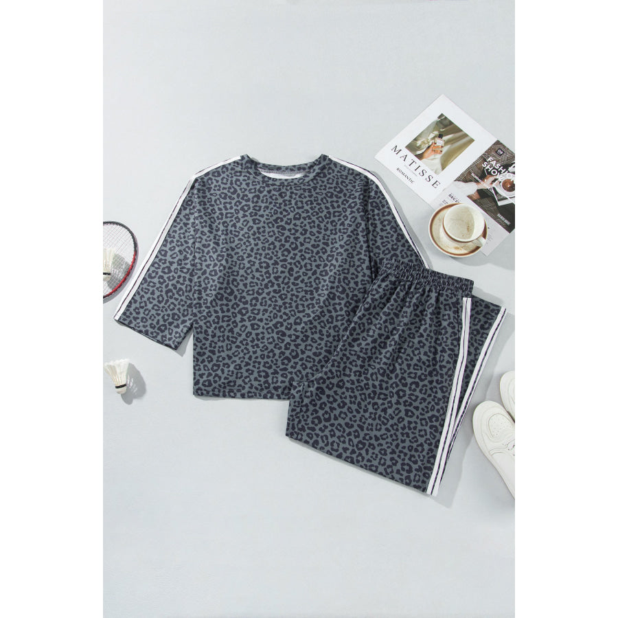 Gray Leopard Print Bracelet Sleeve Top Plus Size Loose Pants Set Size/Plus Loungewear
