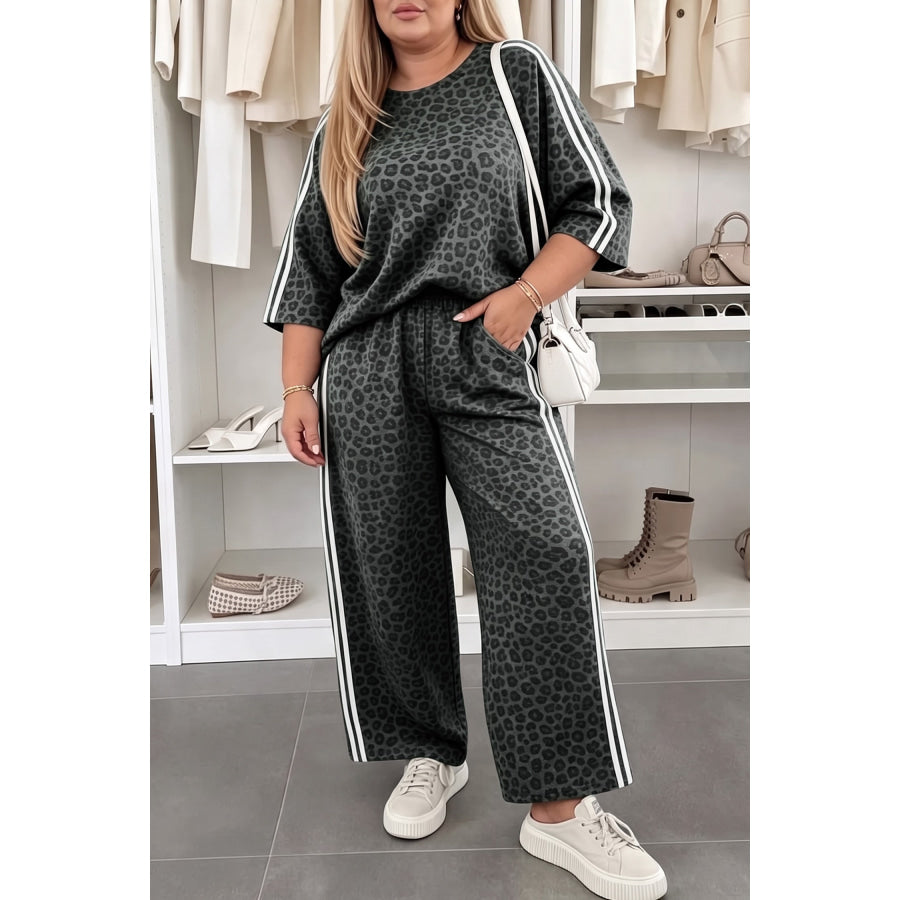 Gray Leopard Print Bracelet Sleeve Top Plus Size Loose Pants Set Size/Plus Loungewear