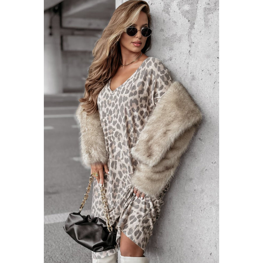 Gray Leopard Print V Neck Loose Fit Mini Dress Dresses/Mini Dresses