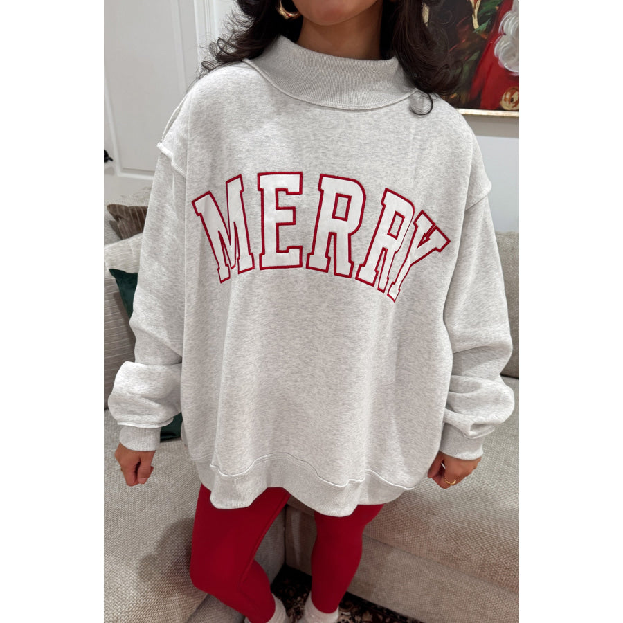 Gray MERRY Embroidered Letter High Neck Tunic Pullover Sweatshirt / S Tops/Sweatshirts & Hoodies