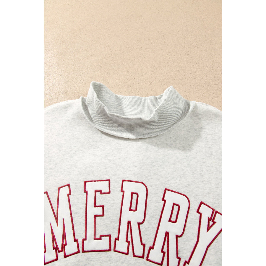 Gray MERRY Embroidered Letter High Neck Tunic Pullover Sweatshirt Tops/Sweatshirts & Hoodies