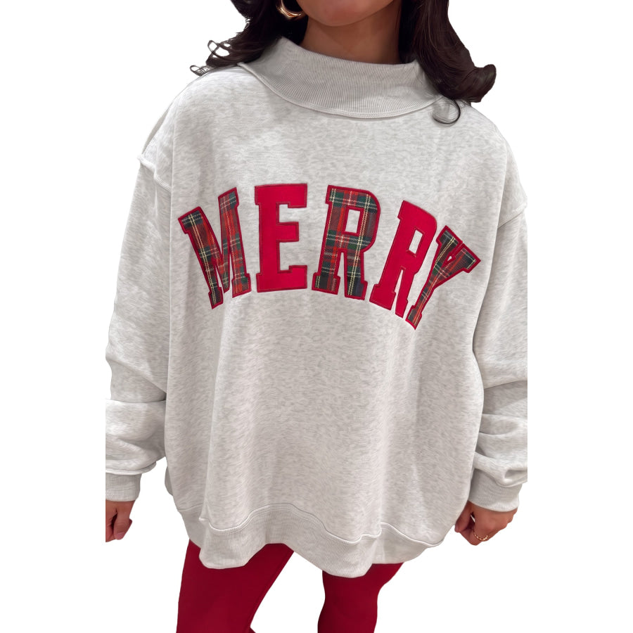 Gray MERRY Embroidered Letter High Neck Tunic Pullover Sweatshirt Tops/Sweatshirts & Hoodies