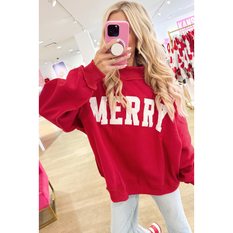 Gray MERRY Embroidered Letter High Neck Tunic Pullover Sweatshirt Tops/Sweatshirts & Hoodies