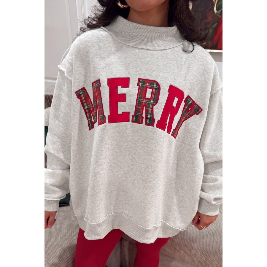 Gray MERRY Embroidered Letter High Neck Tunic Pullover Sweatshirt Tops/Sweatshirts & Hoodies