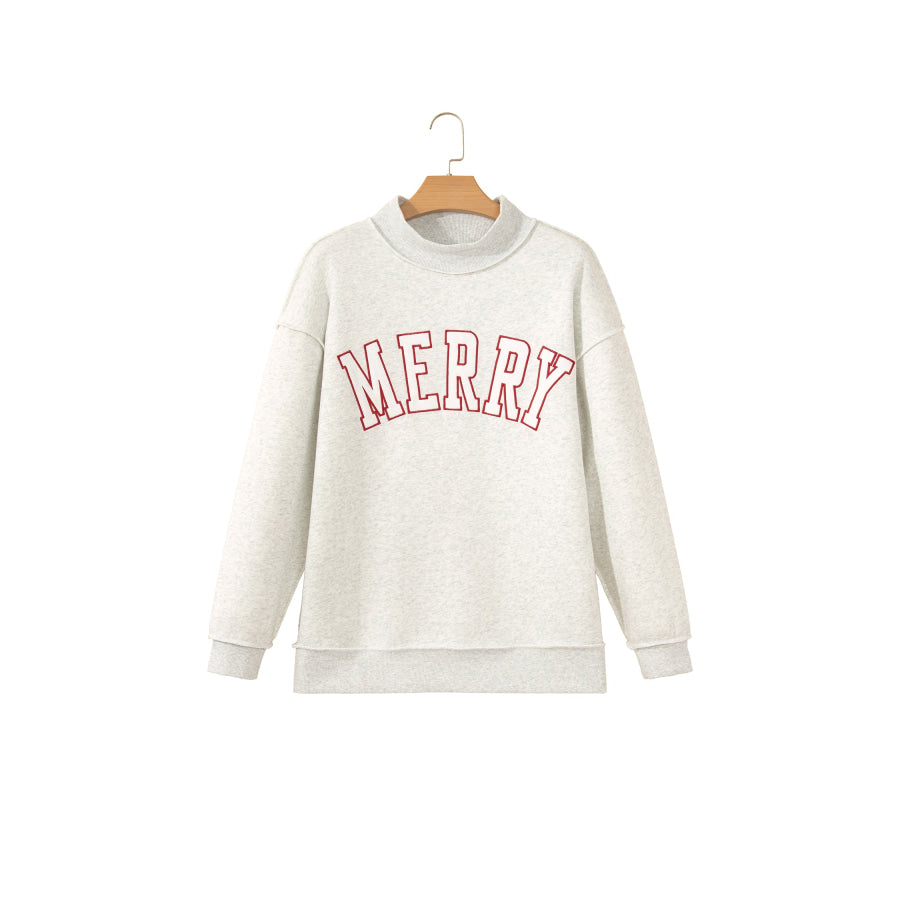 Gray MERRY Embroidered Letter High Neck Tunic Pullover Sweatshirt Tops/Sweatshirts & Hoodies