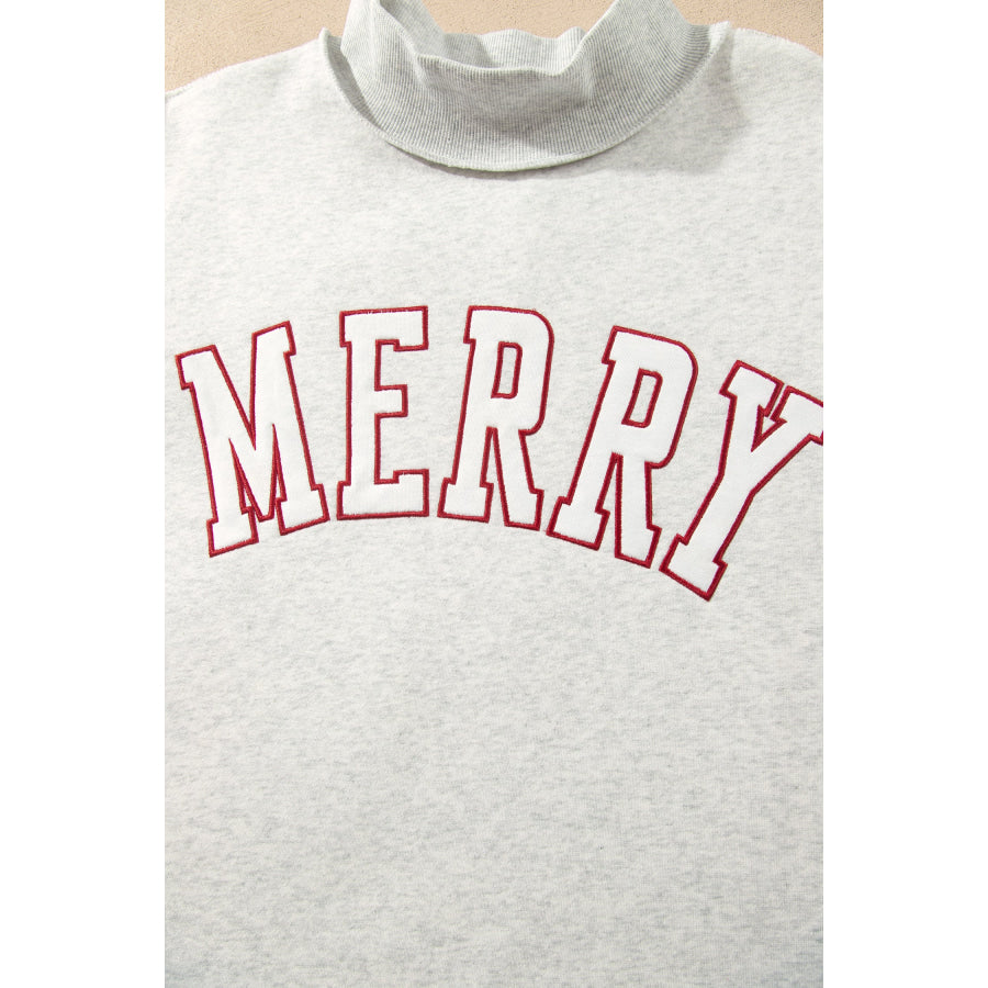 Gray MERRY Embroidered Letter High Neck Tunic Pullover Sweatshirt Tops/Sweatshirts & Hoodies