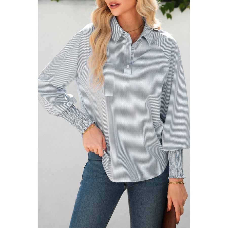 Gray Pinstripe Long Sleeve Smocked Cuffs Button Shirt Collar Blouse Gray / S / 65% Polyester + 35% Cotton Tops/Blouses & Shirts