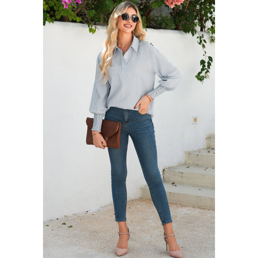 Gray Pinstripe Long Sleeve Smocked Cuffs Button Shirt Collar Blouse Tops/Blouses & Shirts