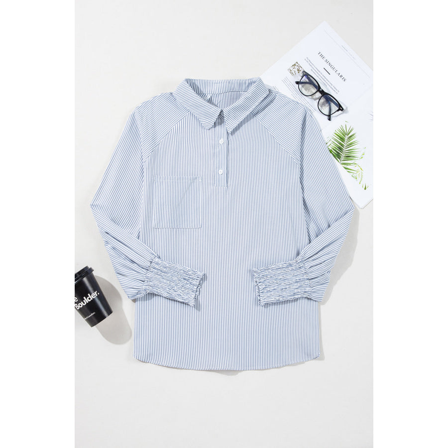 Gray Pinstripe Long Sleeve Smocked Cuffs Button Shirt Collar Blouse Tops/Blouses & Shirts