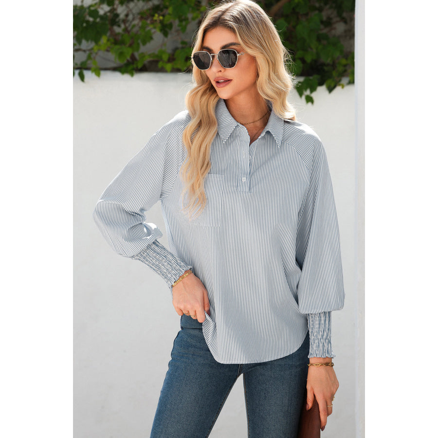 Gray Pinstripe Long Sleeve Smocked Cuffs Button Shirt Collar Blouse Tops/Blouses & Shirts