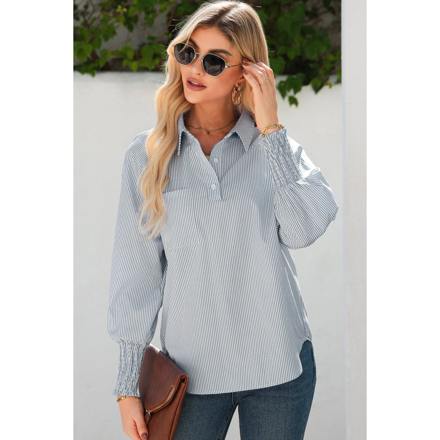 Gray Pinstripe Long Sleeve Smocked Cuffs Button Shirt Collar Blouse Tops/Blouses & Shirts