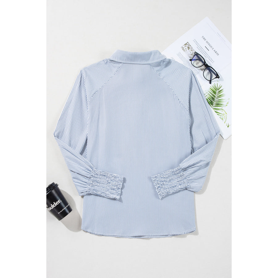 Gray Pinstripe Long Sleeve Smocked Cuffs Button Shirt Collar Blouse Tops/Blouses & Shirts