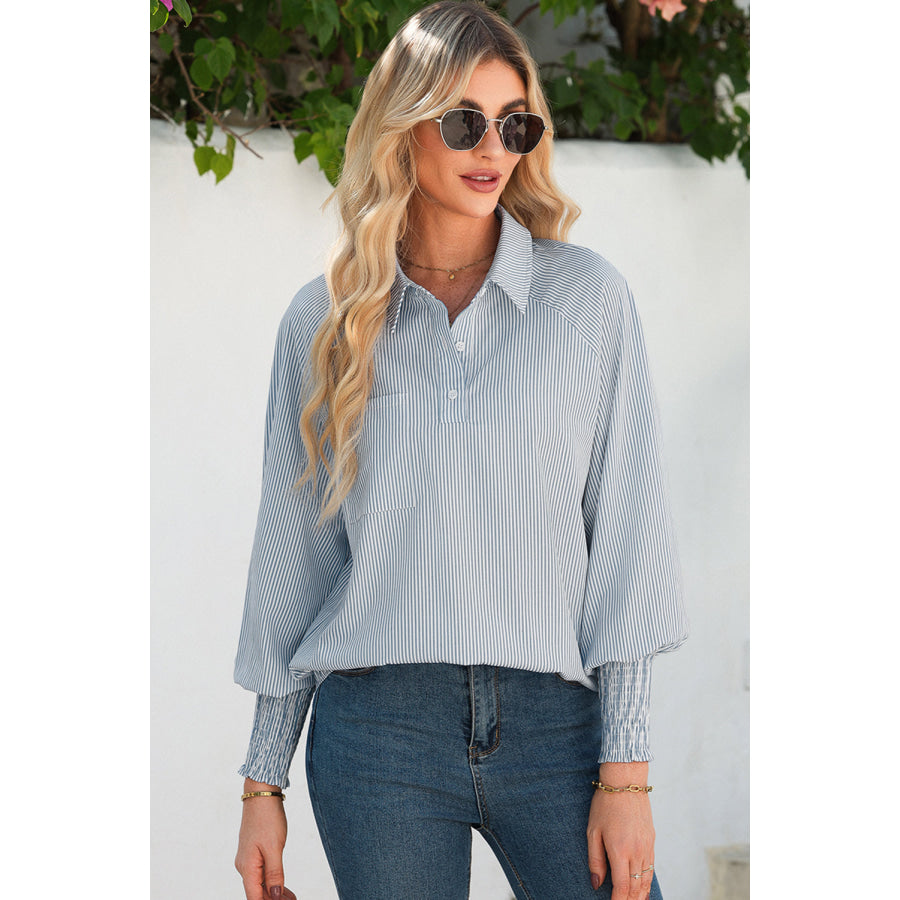 Gray Pinstripe Long Sleeve Smocked Cuffs Button Shirt Collar Blouse Tops/Blouses & Shirts