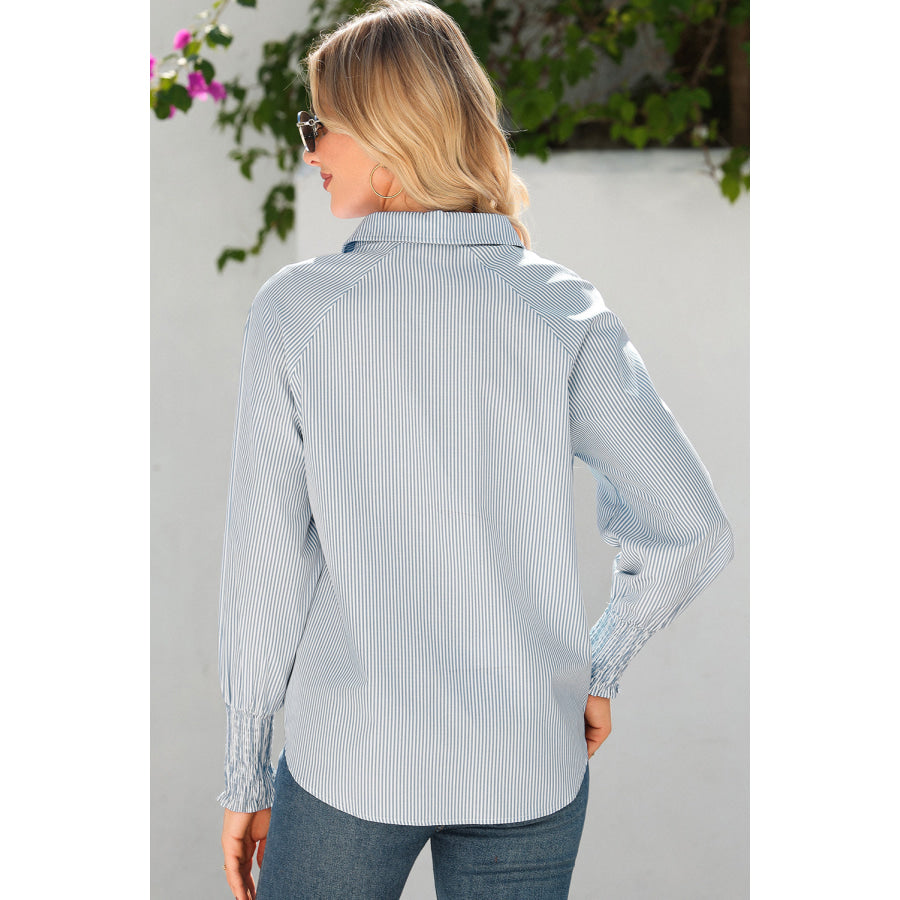 Gray Pinstripe Long Sleeve Smocked Cuffs Button Shirt Collar Blouse Tops/Blouses & Shirts