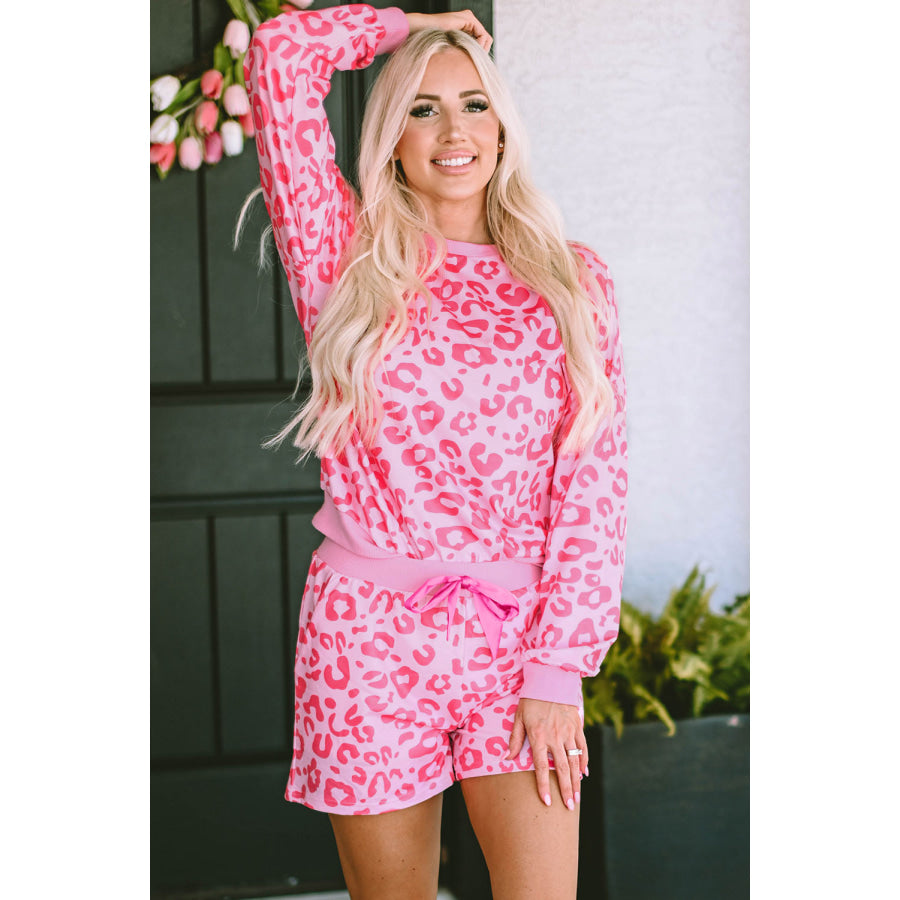 Gray Printed Leopard Long Sleeve Satin Tie Shorts Two Piece Set Loungewear & Sleepwear/Loungewear