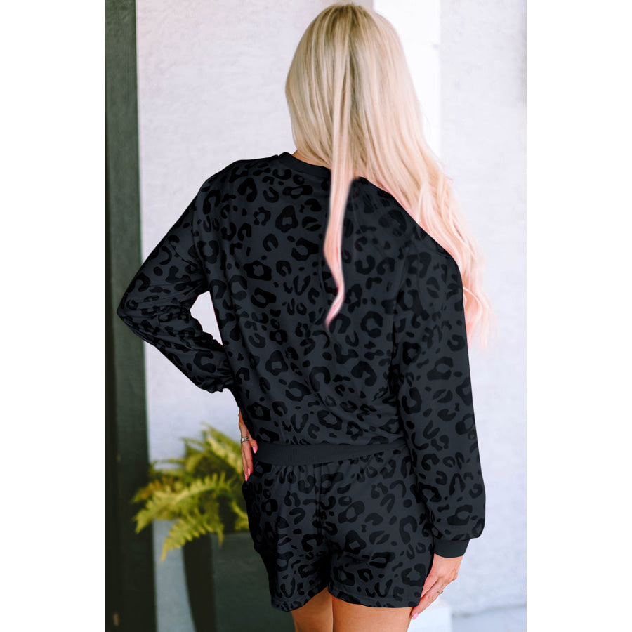 Gray Printed Leopard Long Sleeve Satin Tie Shorts Two Piece Set Loungewear & Sleepwear/Loungewear