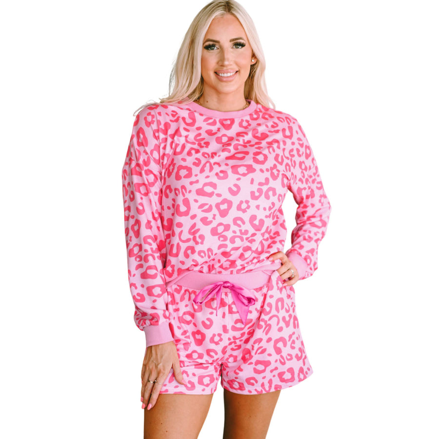 Gray Printed Leopard Long Sleeve Satin Tie Shorts Two Piece Set Loungewear & Sleepwear/Loungewear
