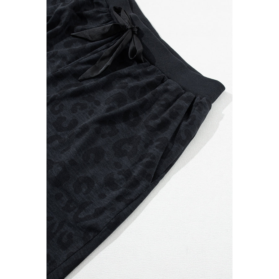 Gray Printed Leopard Long Sleeve Satin Tie Shorts Two Piece Set Loungewear & Sleepwear/Loungewear