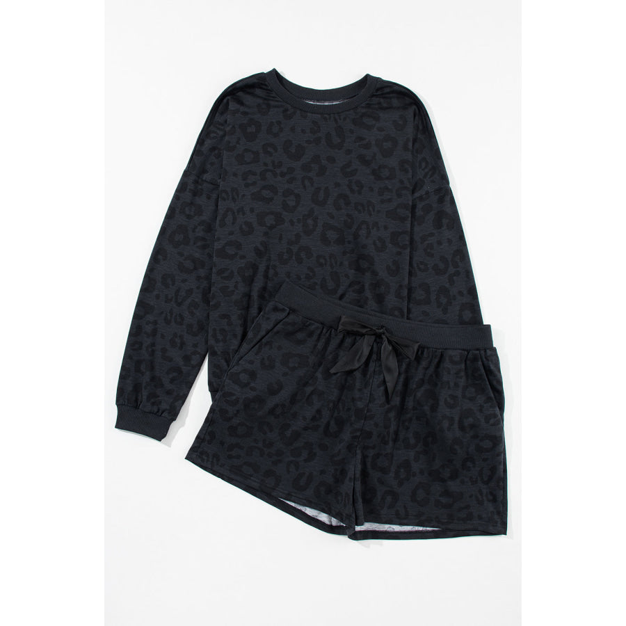 Gray Printed Leopard Long Sleeve Satin Tie Shorts Two Piece Set Loungewear & Sleepwear/Loungewear