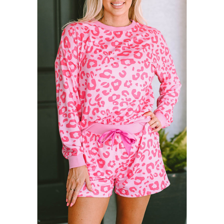 Gray Printed Leopard Long Sleeve Satin Tie Shorts Two Piece Set Loungewear & Sleepwear/Loungewear