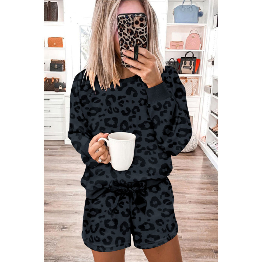 Gray Printed Leopard Long Sleeve Satin Tie Shorts Two Piece Set Loungewear & Sleepwear/Loungewear