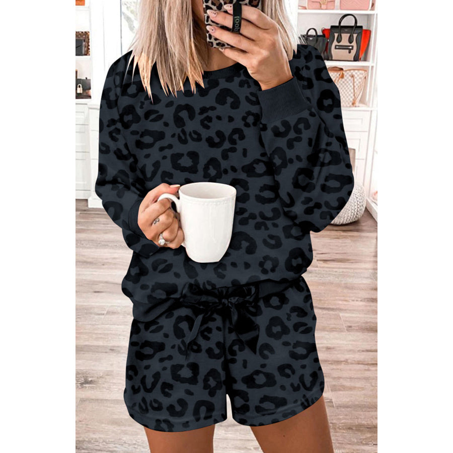 Gray Printed Leopard Long Sleeve Satin Tie Shorts Two Piece Set Loungewear & Sleepwear/Loungewear