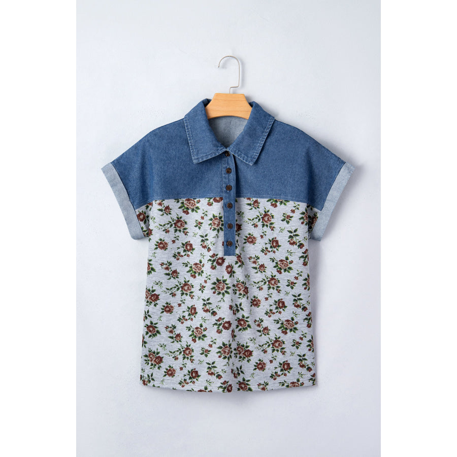 Gray Retro Floral Print Denim Patchwork Buttoned Polo Collar Top Gray / S / 95% Polyester + 5% Elastane Tops/Blouses & Shirts