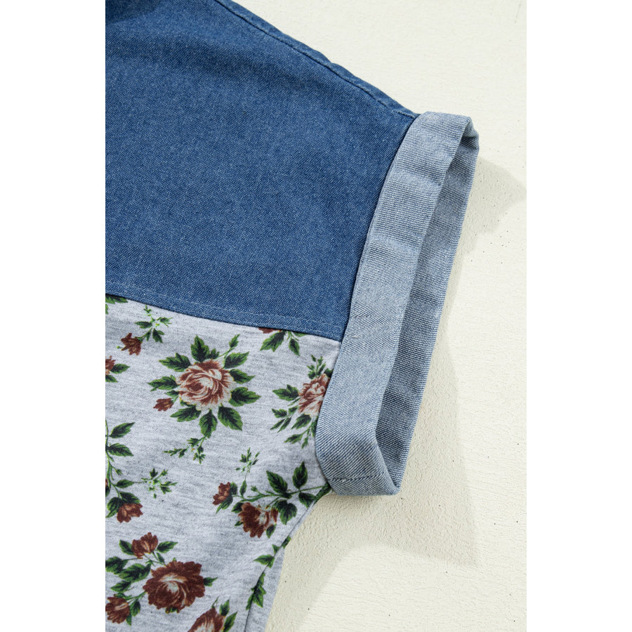 Gray Retro Floral Print Denim Patchwork Buttoned Polo Collar Top Tops/Blouses & Shirts