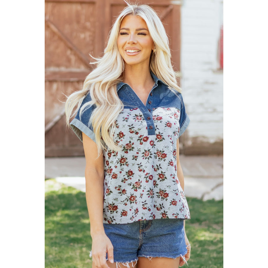 Gray Retro Floral Print Denim Patchwork Buttoned Polo Collar Top Tops/Blouses & Shirts